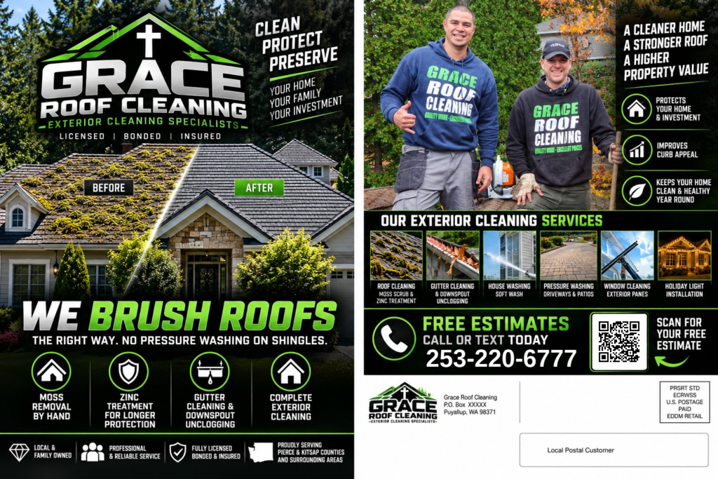 Grace Roof Cleaning winter flyer with phone 253-220-6777 and QR code to graceroofcleaning.com